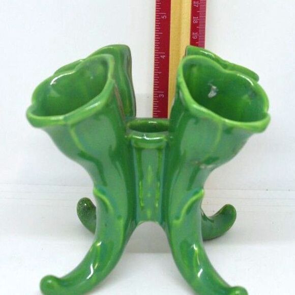 MCM Rare Art Deco Kitschy Four 5 Hole Green Flower Pedestal Ceramic Holder - Picture 6 of 6